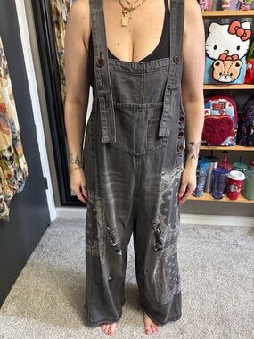 easel Washed Black Distressed Denim Overalls